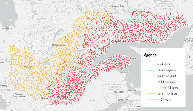 Advancement of the Average day of occurrence of the Winter-spring maximum daily flow (JQ1MAXHP)  Horizon 2080, scenario RCP 8.5. Red: advancement of more than 24 days. Orange: 14 to 24 days earlier than historical normal (1981-2010).