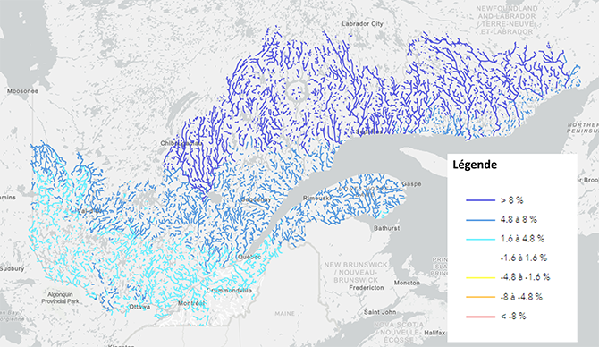 Magnitude of relative change (%) in Annual mean flow (QMOYAN)  Horizon 2080, RCP 8.5 scenario.